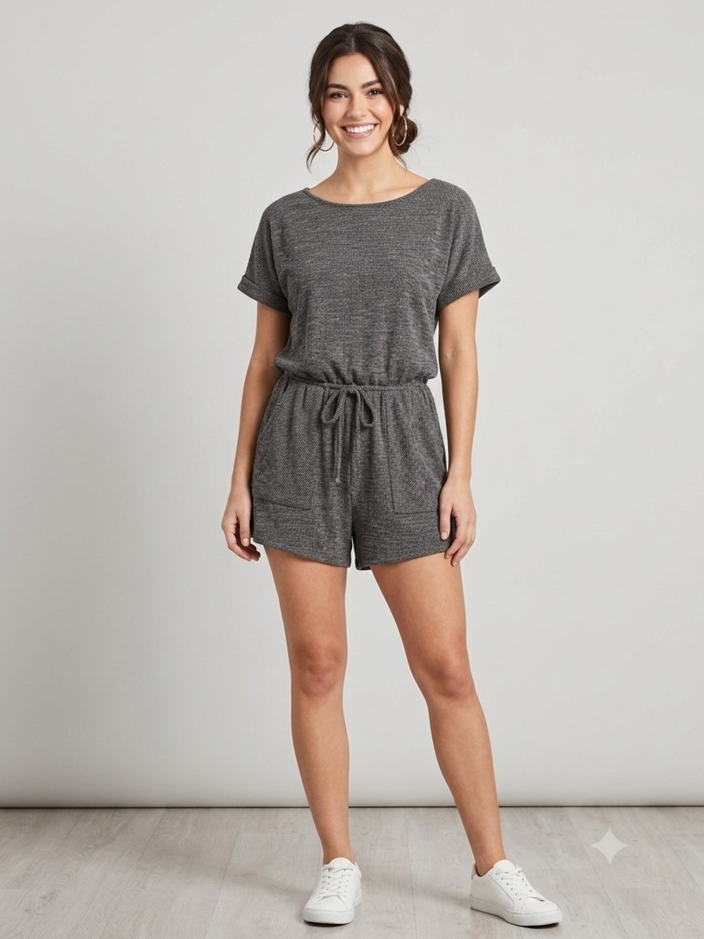 Casual Short-Sleeve Drawstring Romper in Charcoal